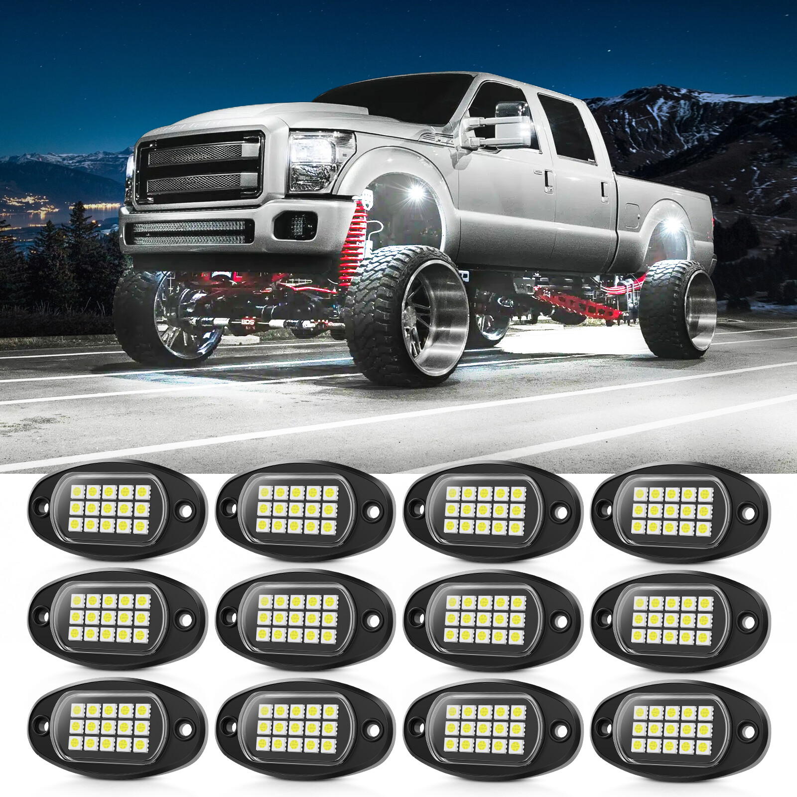 12 PCS Pure White LED Rock Lights, Waterproof Underglow Underbody Lighting Kit