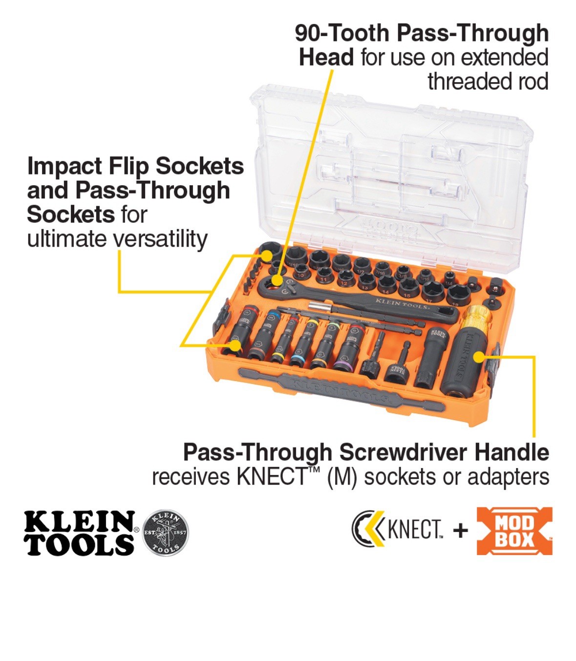 Klein Tools 65500KNECT Complete Impact Pass-Through Flip Socket Set 39-Piece NEW