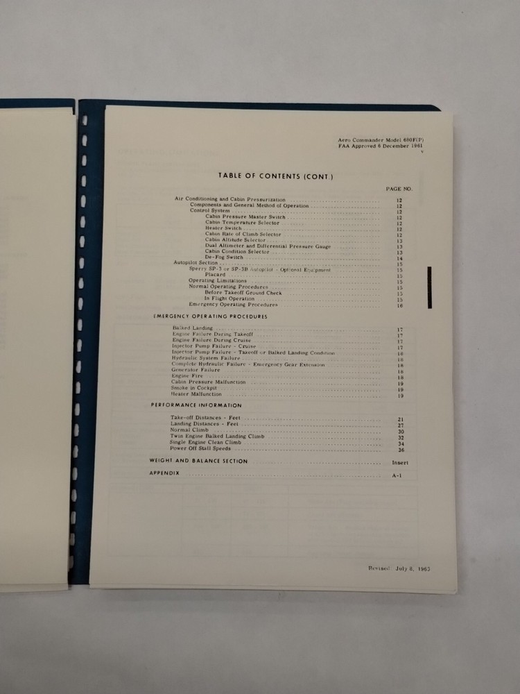 Aero Commander 1961 Model 680F Pressurized Flight Manual-Original