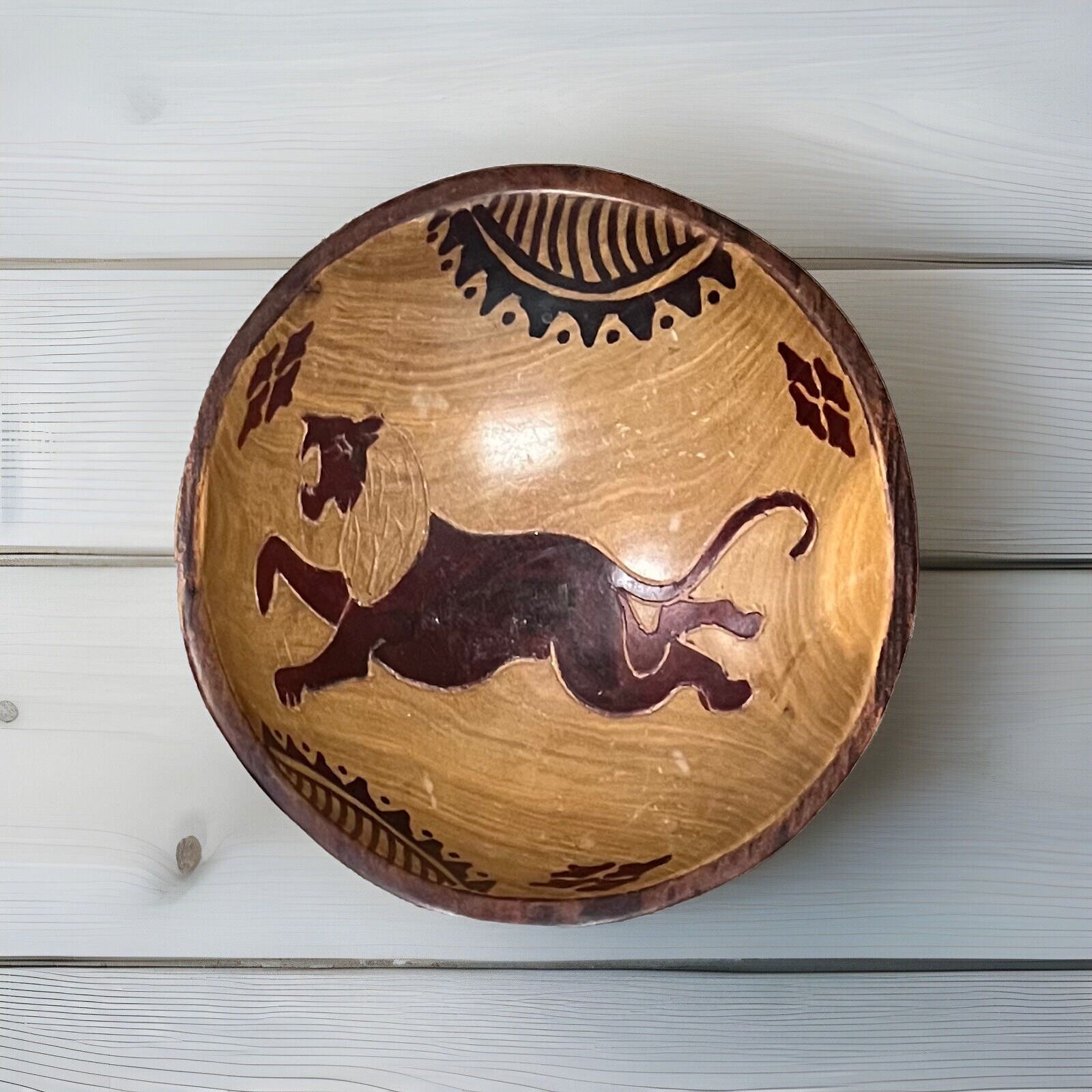 African Lion Decorative Serving Bowl Vintage Hand Carved 6”