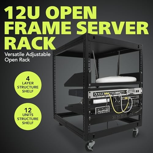 12U Open Frame Server Rack, 23''-40'' Adjustable Depth, Free Standing or Wall