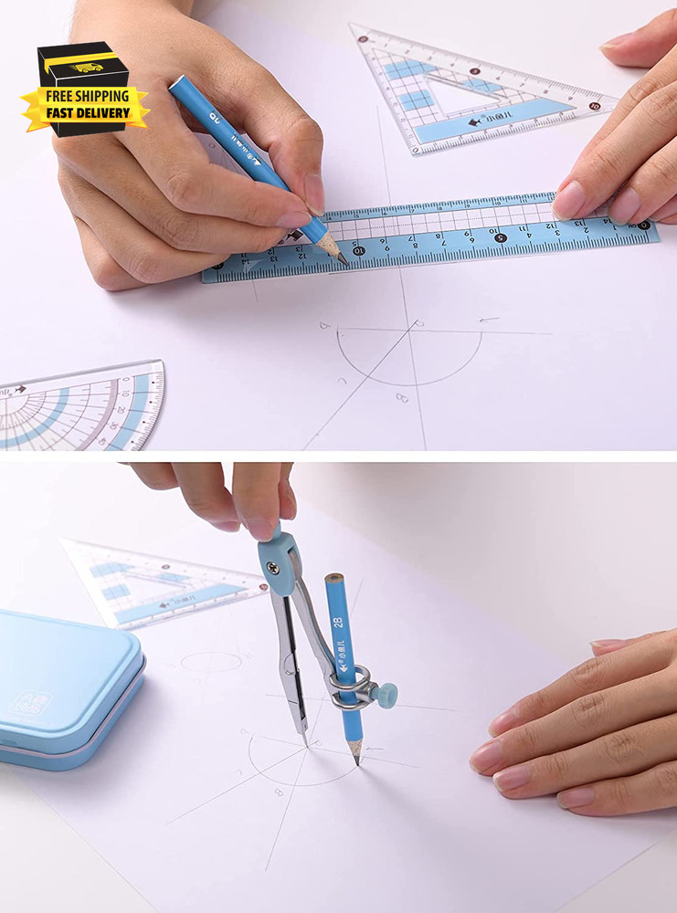 8 Pcs Compass/Math Set for Students with Shatterproof Storage Box, Geometry Set