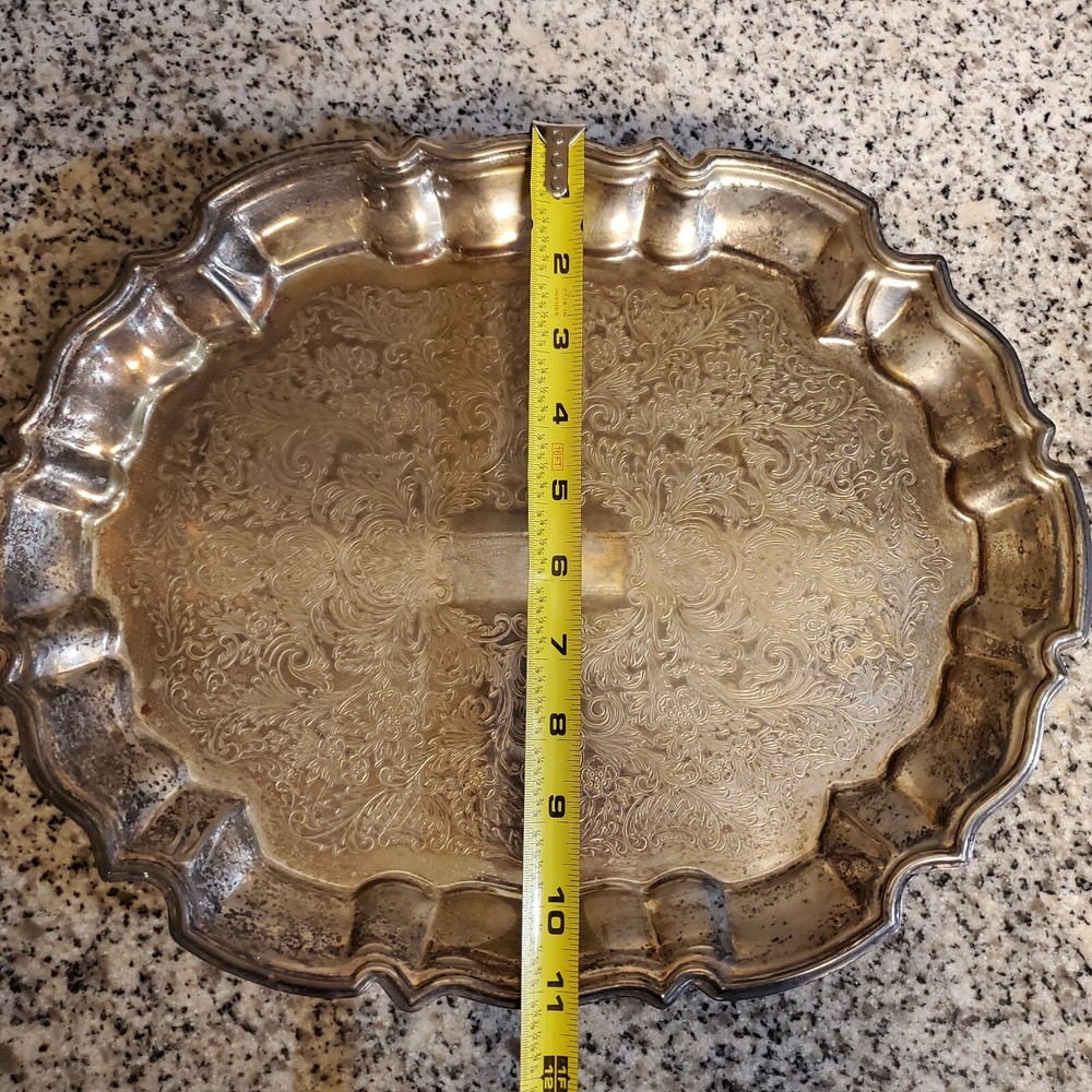 Vintage Ornate Silverplate Serving Tea Tray Footed Scalloped Oval 14" Silver