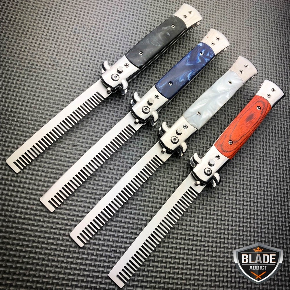 Automatic Push Button Folding Comb Barber Switchblade Pocket Knife Looking Brush