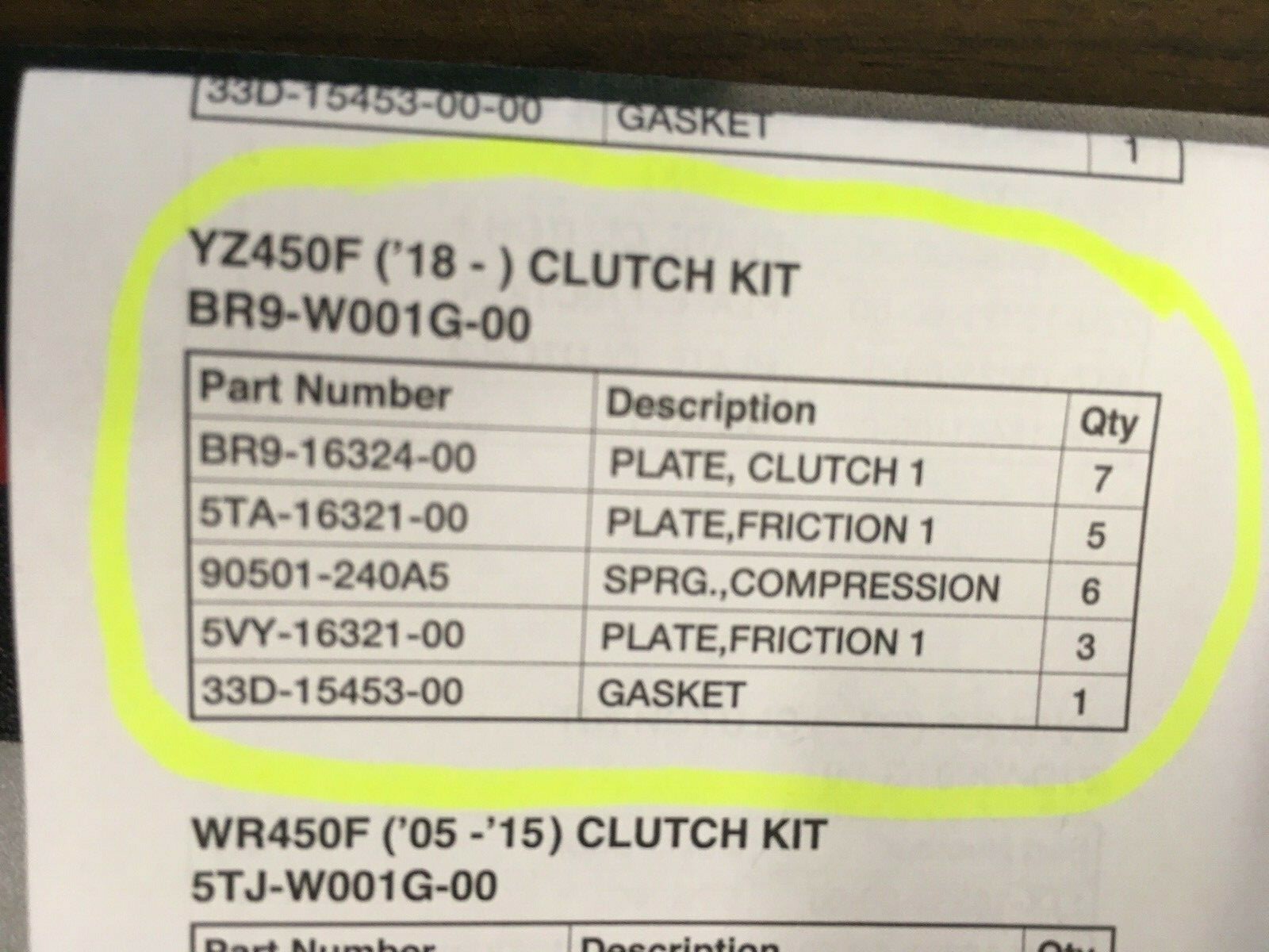 BR9-W001G-00-00 OEM Yamaha 2018 - 2022 YZ450F Clutch Plate Kit w/Springs + Gskt