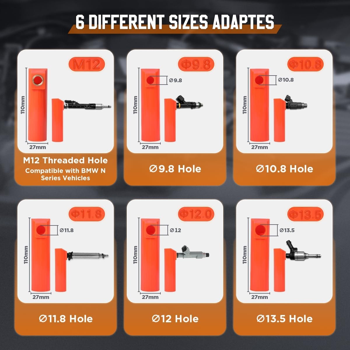 Universal Fuel Injector Tester Cleaner Tool Kit, 6 Size Cleaning Adapters 8 Puls