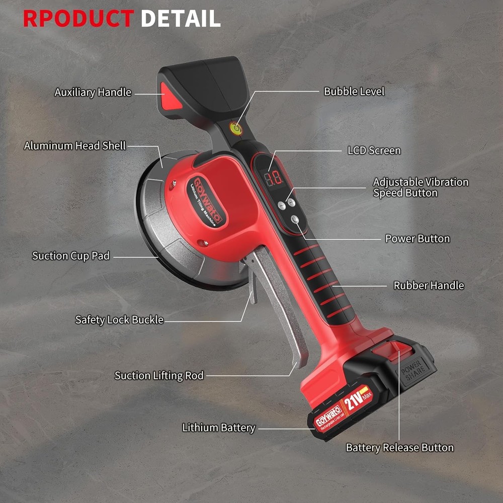Tile Vibration Tool Cordless - 10 Adjustable Speed Tile Suction Cup Vibrating To