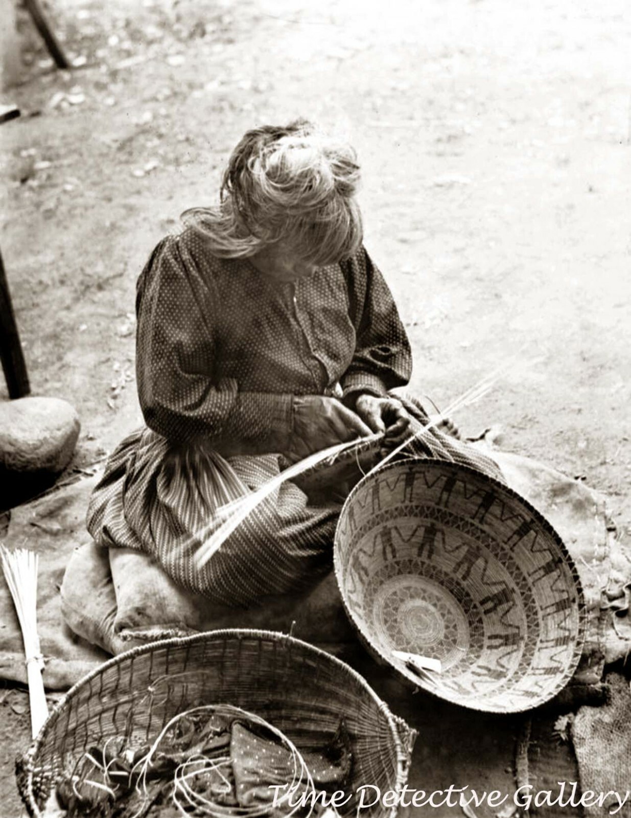 Yokut Indian woman Weaving a Basket, California - c1900 - Historic Photo Print
