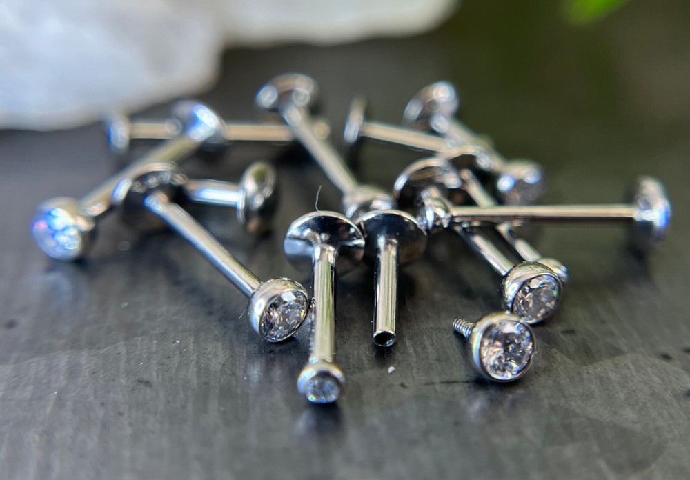 1pc Internally Threaded Solid Titanium Bezel Gem 16g Labret Monroe Stud Lip Ring