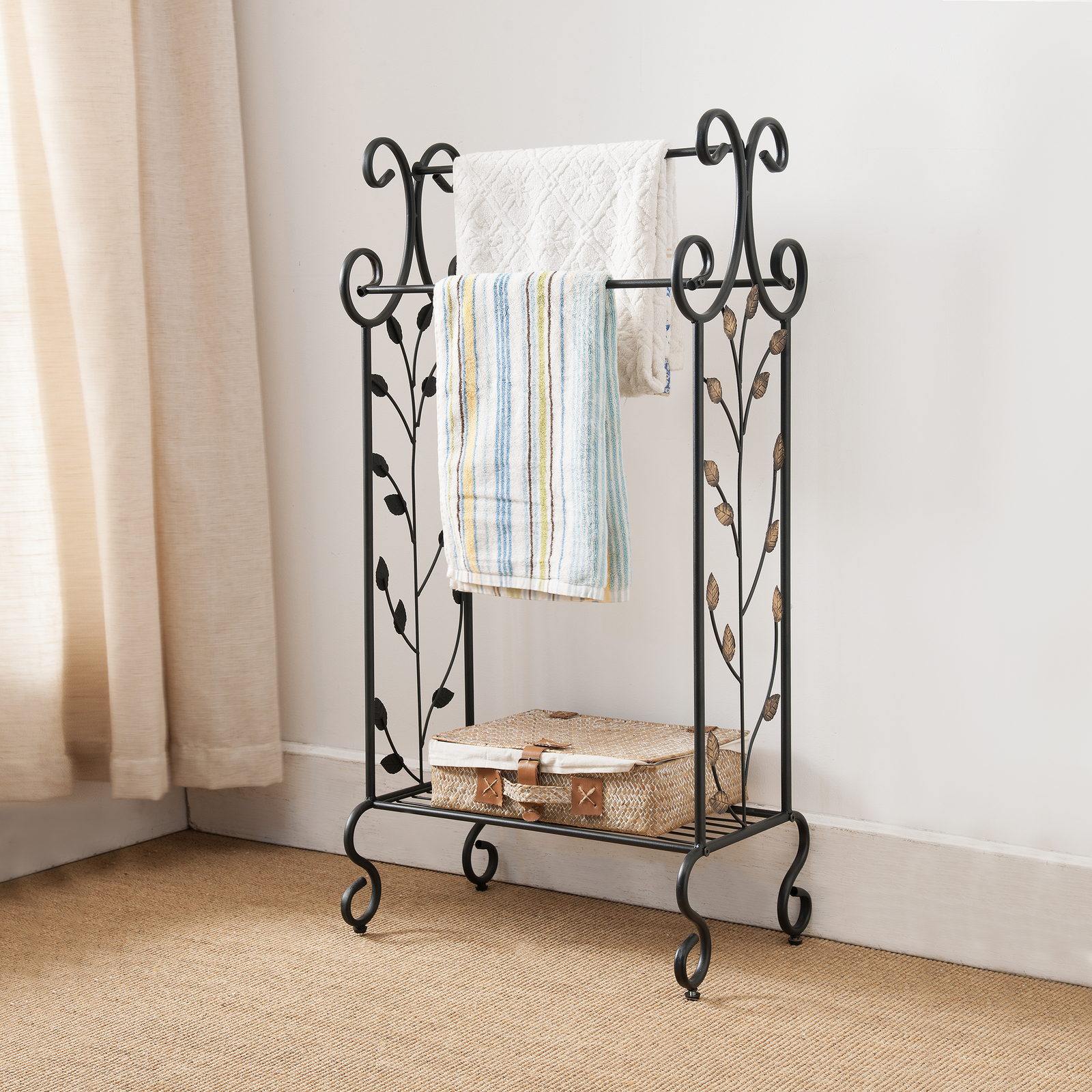Kings Brand Furniture - Black Metal Free Standing Towel Rack Stand with Shelf
