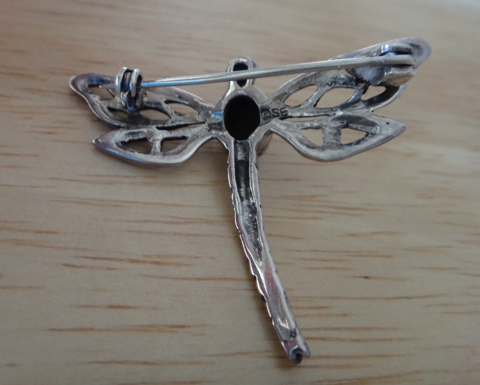 Sterling Silver 3D 40x30mm Large Dragonfly with Black Onyx Pin