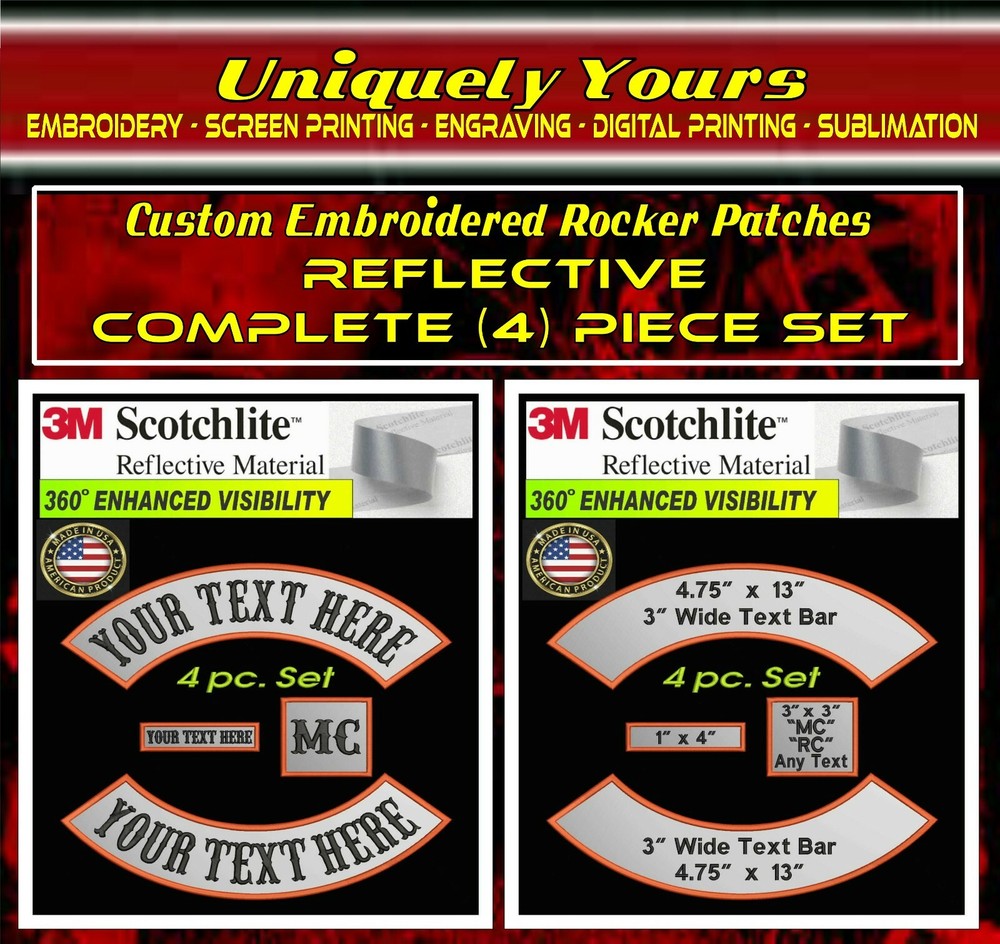 13" REFLECTIVE 4 PC SET CUSTOM EMBROIDERED ROCKER PATCH 3M® MOTORCYCLE BIKER CUT