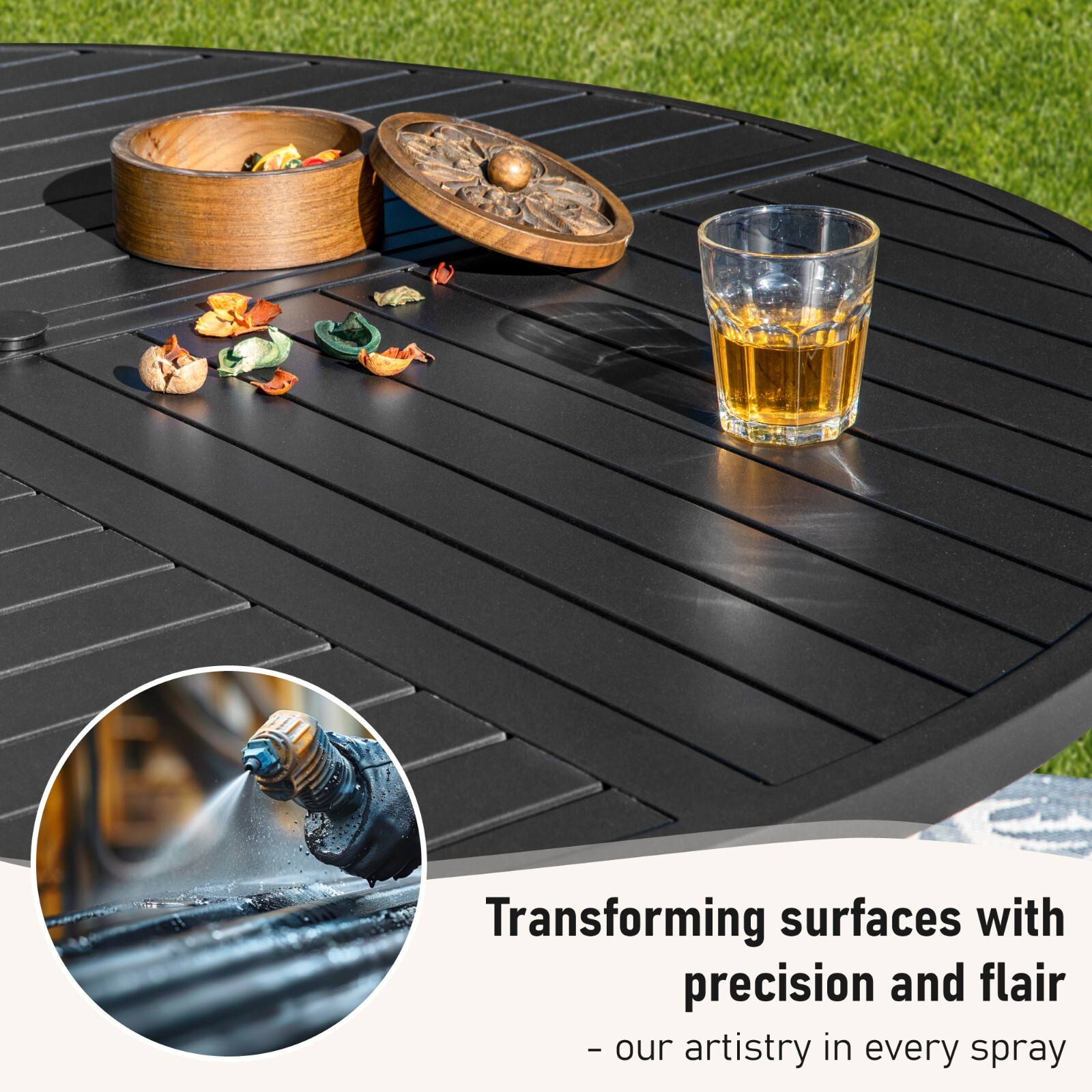 54" Outdoor Dining Table Metal Steel Slat Round Patio Table with Umbrella Hole