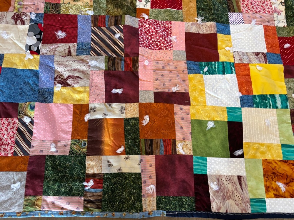 Handmade Patchwork Quilt Throw Multicolor Tied Cotton Farmhouse Rustic