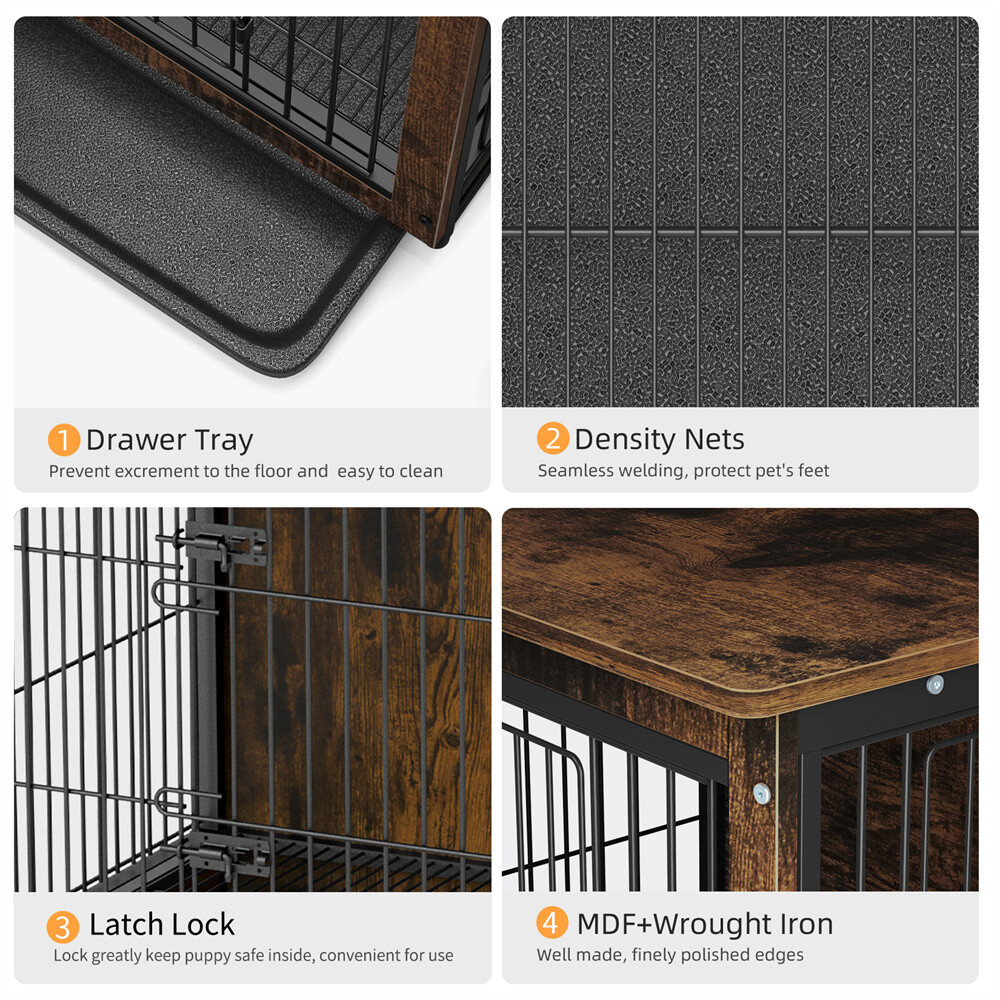 Large Dog Crate Wooden Kennel Heavy Duty Cage with Tray End Table Pet Furniture