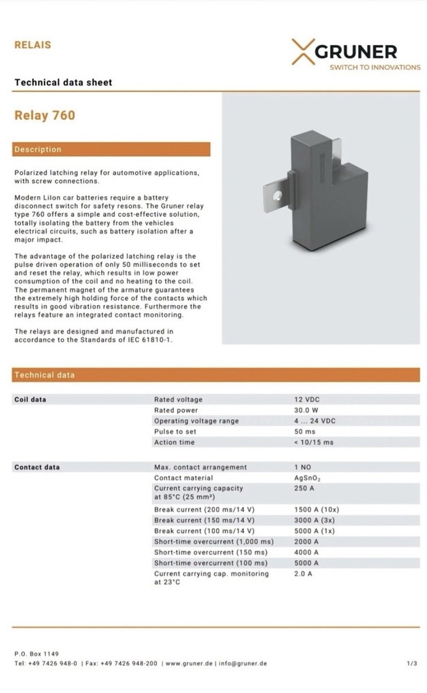 Gruner Latching Relay 760m-r1a-b4r0