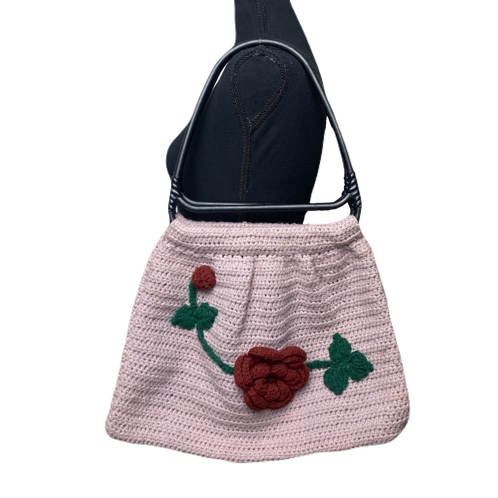 Vintage Handmade Pale Purple Crochet Bag w/ Floral Design 16”x12”