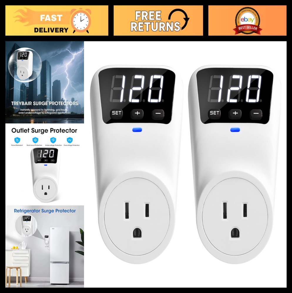Fireproof Surge Protector Voltage Stabilizer - 15A, 1800J, Wall Mount, 2 Pack