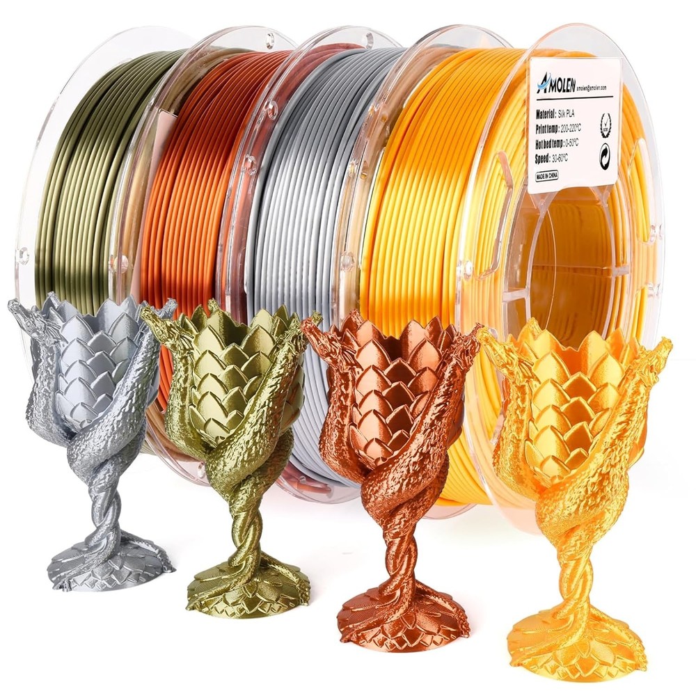 1.75mm Silk PLA Filament Bundle - 4 Spools Gold, Silver, Bronze, Copper