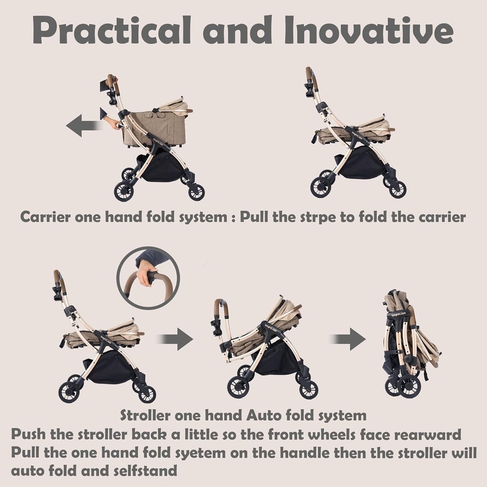 Auto-Folding Pet Stroller with Detachable carrier.