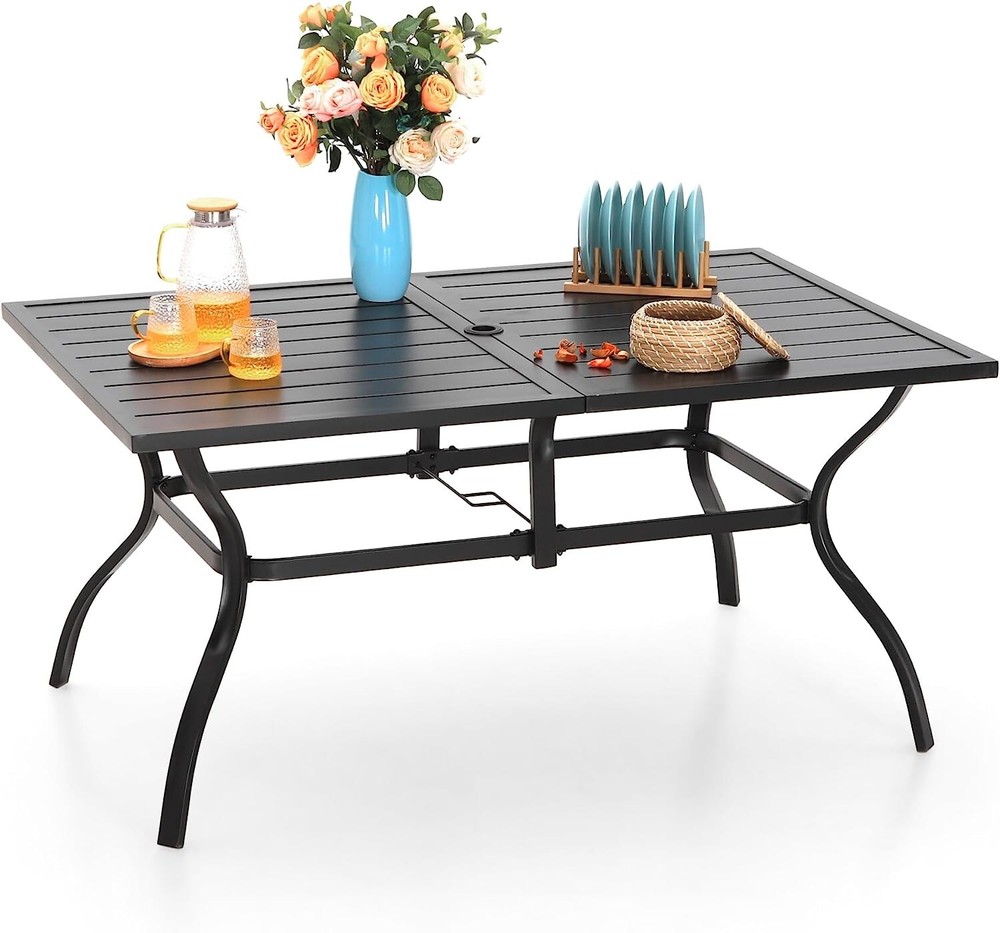 Outdoor Dining Table for 6 People Rectangular Patio Table with Umbrella Hole