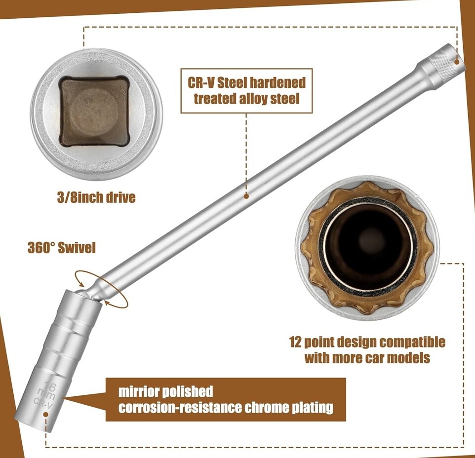 16mm Swivel Magnetic Spark Plug Socket 3/8 Drive Thin Wall Socket Removal Tool*1