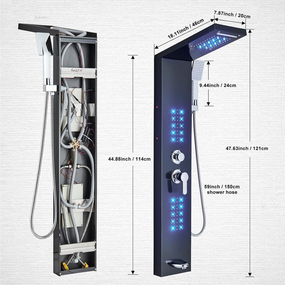 Bathroom Black LED Massage Jets Shower Panel Digital Display Column Faucet Set