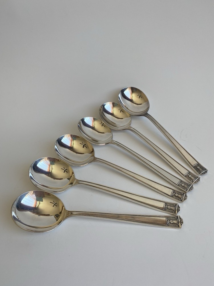 Antique Holmes & Edwards Art Deco Century Silverplate Set of 6 Soup Spoons 7”L