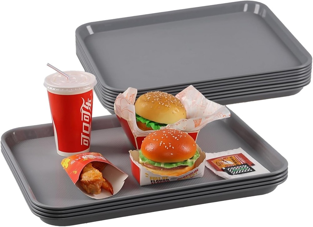 12-Pack Plastic Fast Food Service Trays, Rectangular Cafeteria Tray Beige,grey