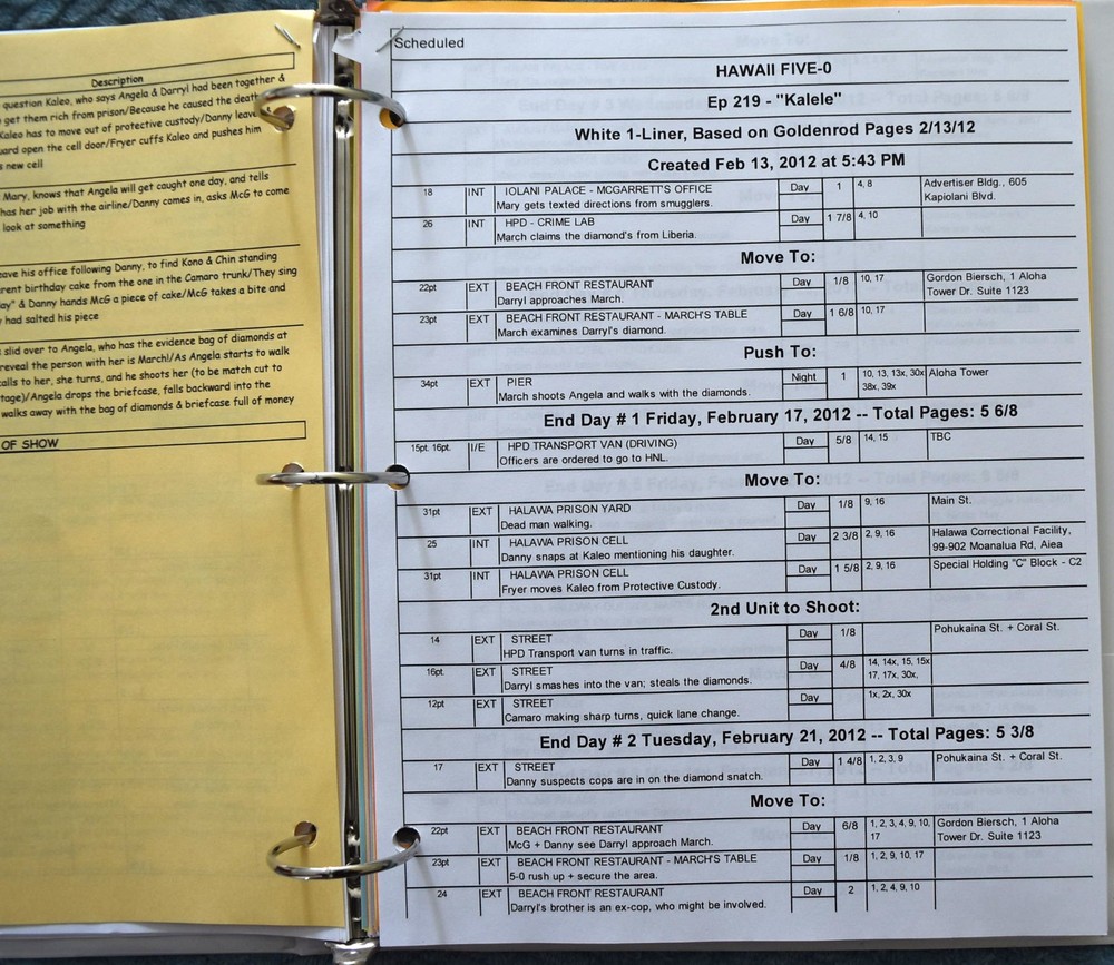 2012 Hawaii Five-O "Kalele" Original Script + Shooting Schedule