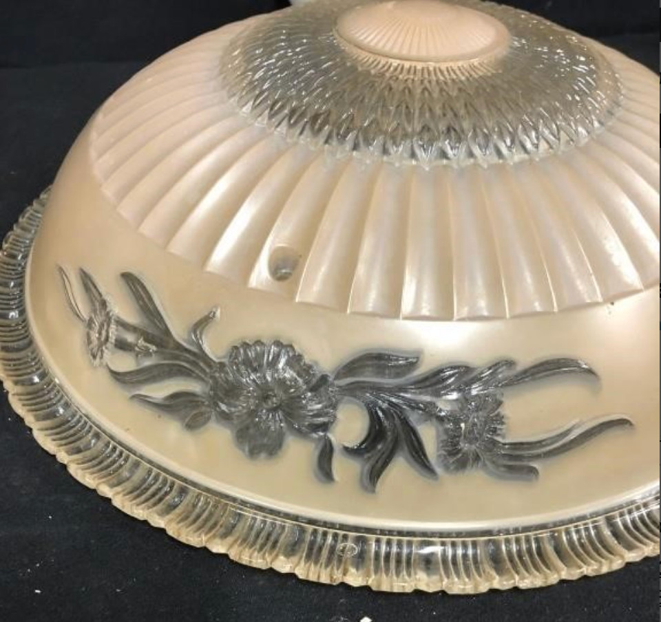 Antique Art Deco Glass Ceiling Light Fixture Frosted & Clear 3 Chain Shade 14”