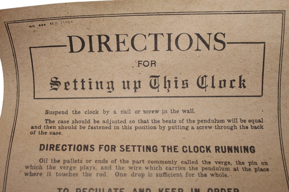 Replacement Paper Directions Label for Seth Thomas Clock Brown