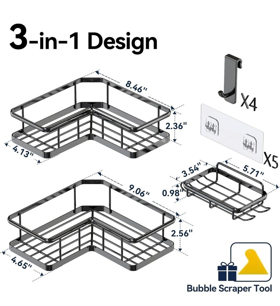 Corner Shower Caddy Organizer, 3-Pack Self-Adhesive Rustproof Bath Shelves