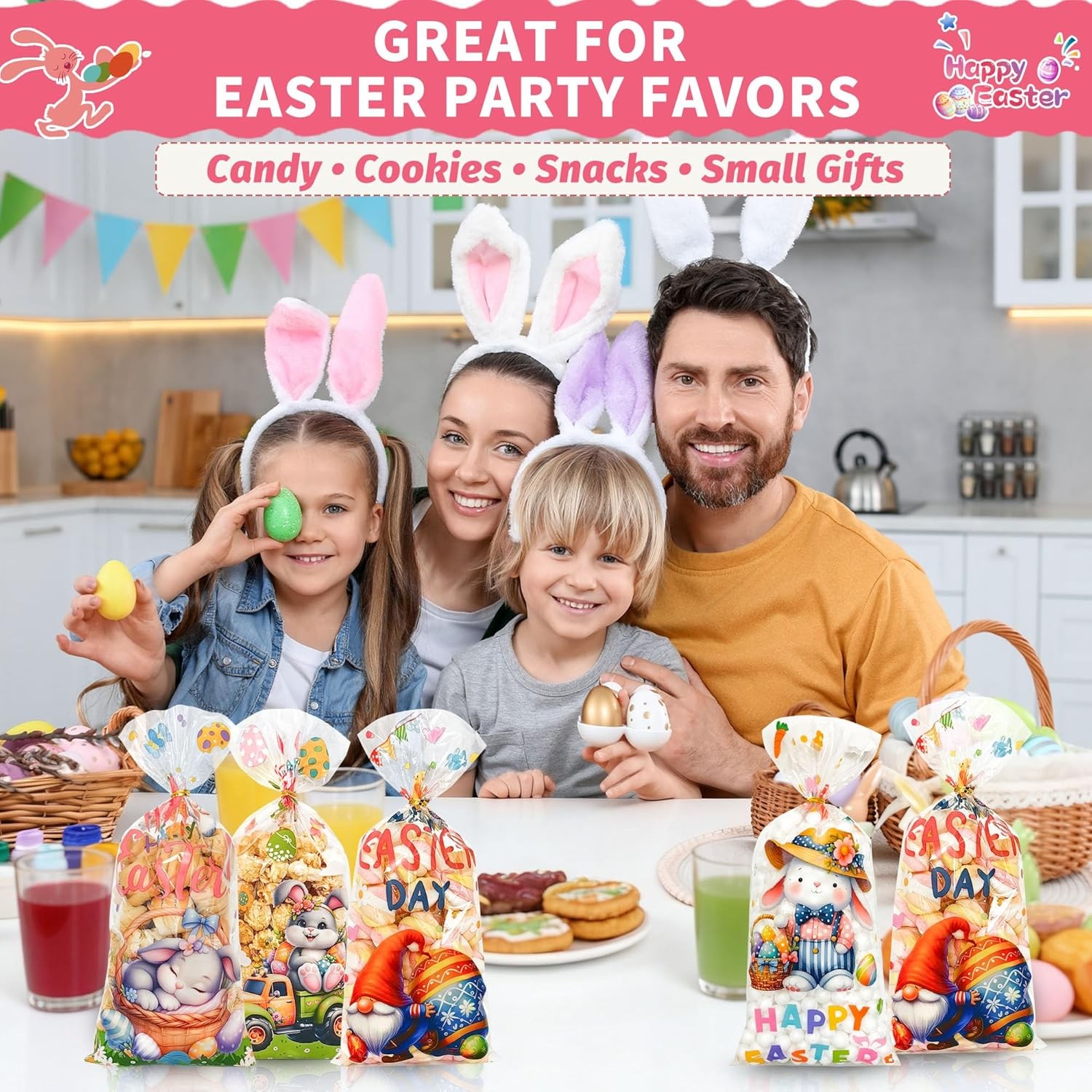 50 Pcs Easter Cellophane Treat Bags: Clear Easter Cellophane Goodie Bags with 60