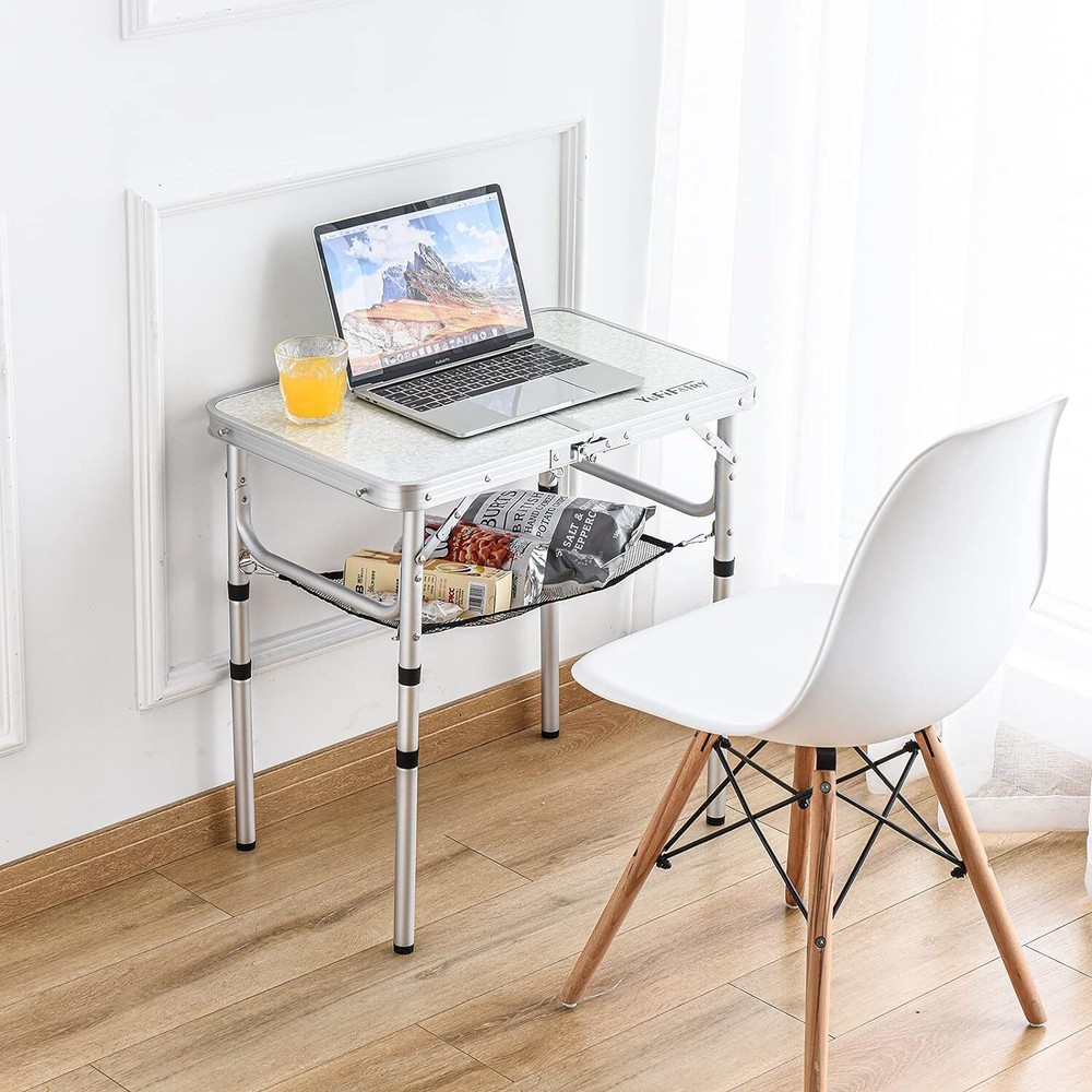 Small Folding Camping Table with Mesh Layer 3 3 heights 10"/19"/24", White