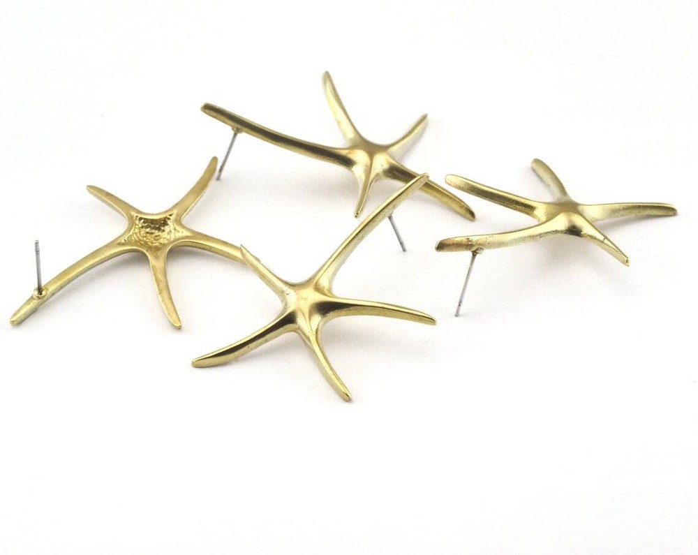 1 pair Starfish Stud Earring Post Raw Brass 48x35mm 2474