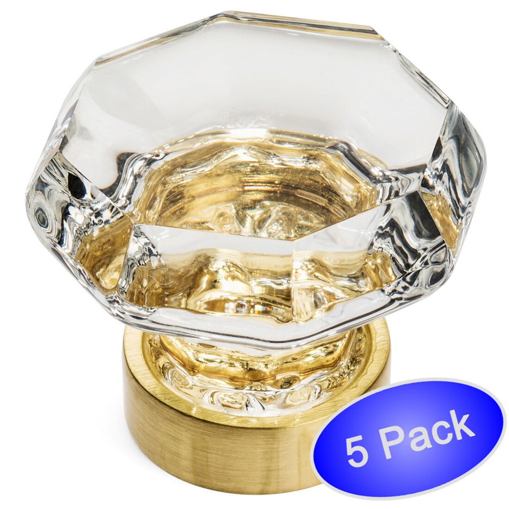 *5 Pack* Cosmas Brushed Brass & Clear Glass Cabinet Knobs #5268BB-C