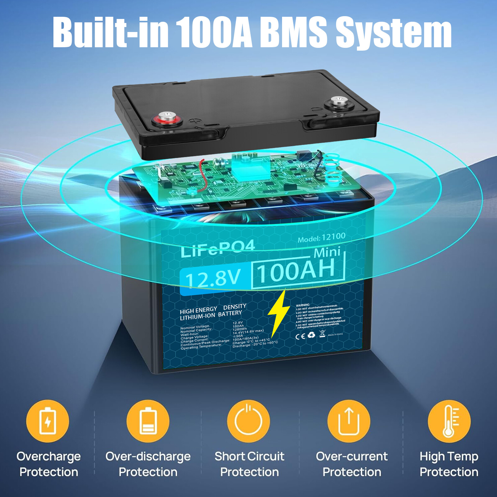 12V 100Ah LiFePO4 Lithium Battery with Charger, Built-in BMS, for Marine Lot