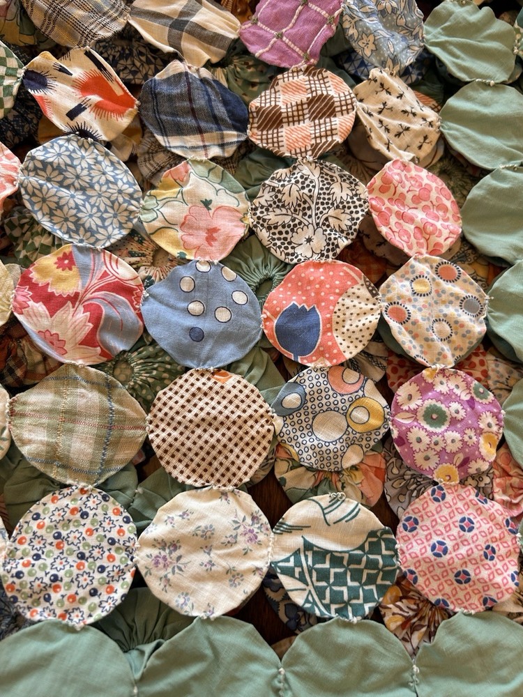 Antique Handmade Yo-Yo Quilt 64x94 Bedspread Patchwork Cottagecore
