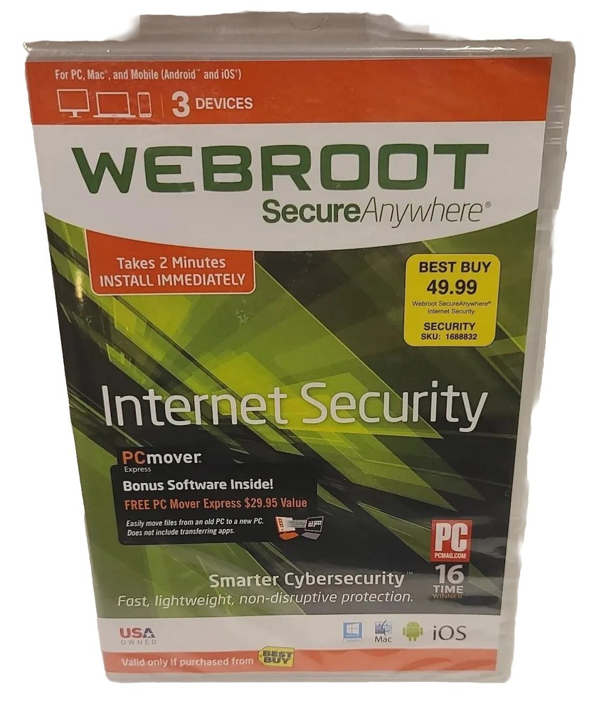 Webroot Secure Anywhere PC/Mac/Mobile Android & iOS-3 Devices Internet Security