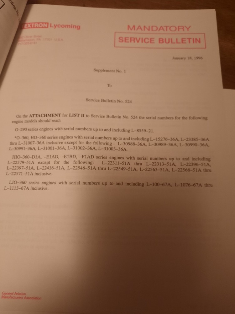 1996 Lycoming Data Pak Service Bulletins