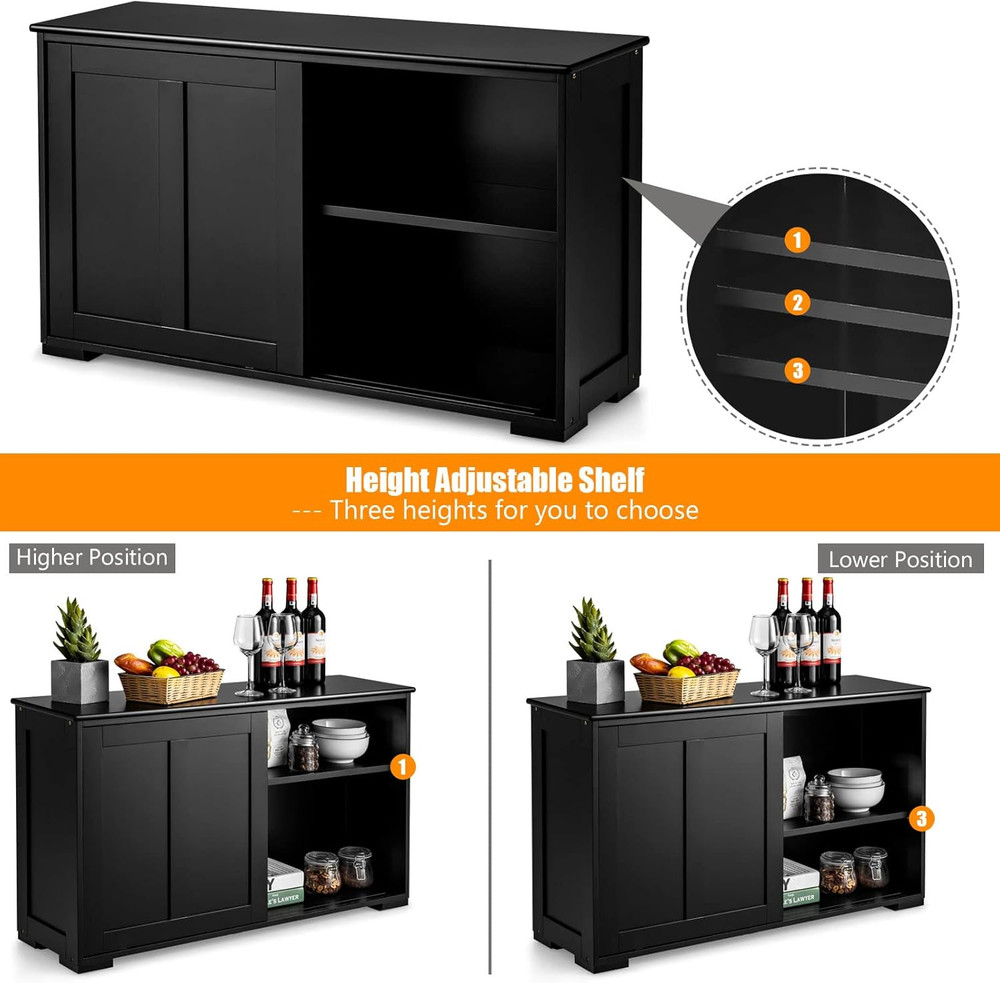 Black Kitchen Buffet Cabinet with Sliding Door & Adjustable Shelf