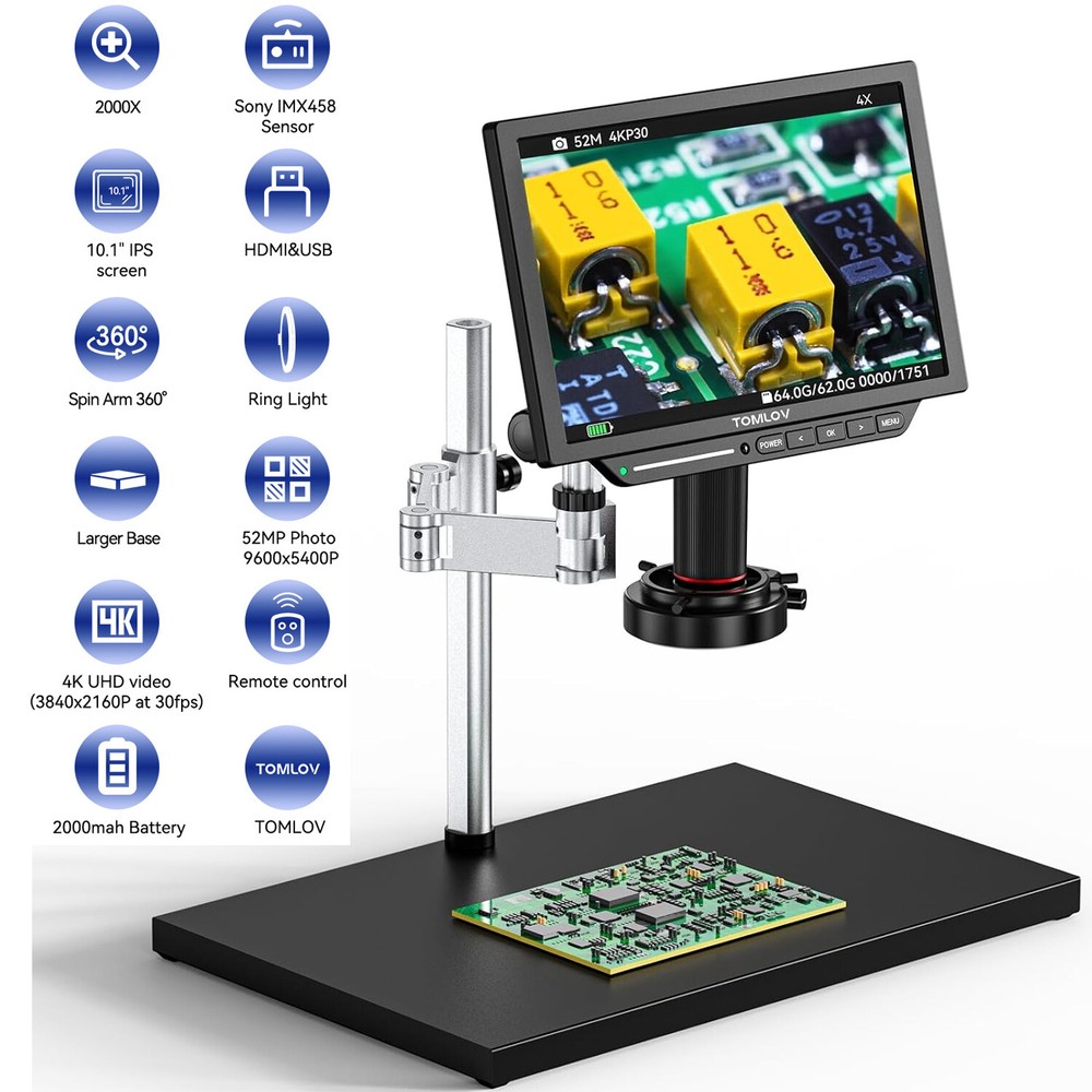 TOMLOV TM4K Max 4K Digital Microscope 2000x 10.1" Electronics Repair Microscope