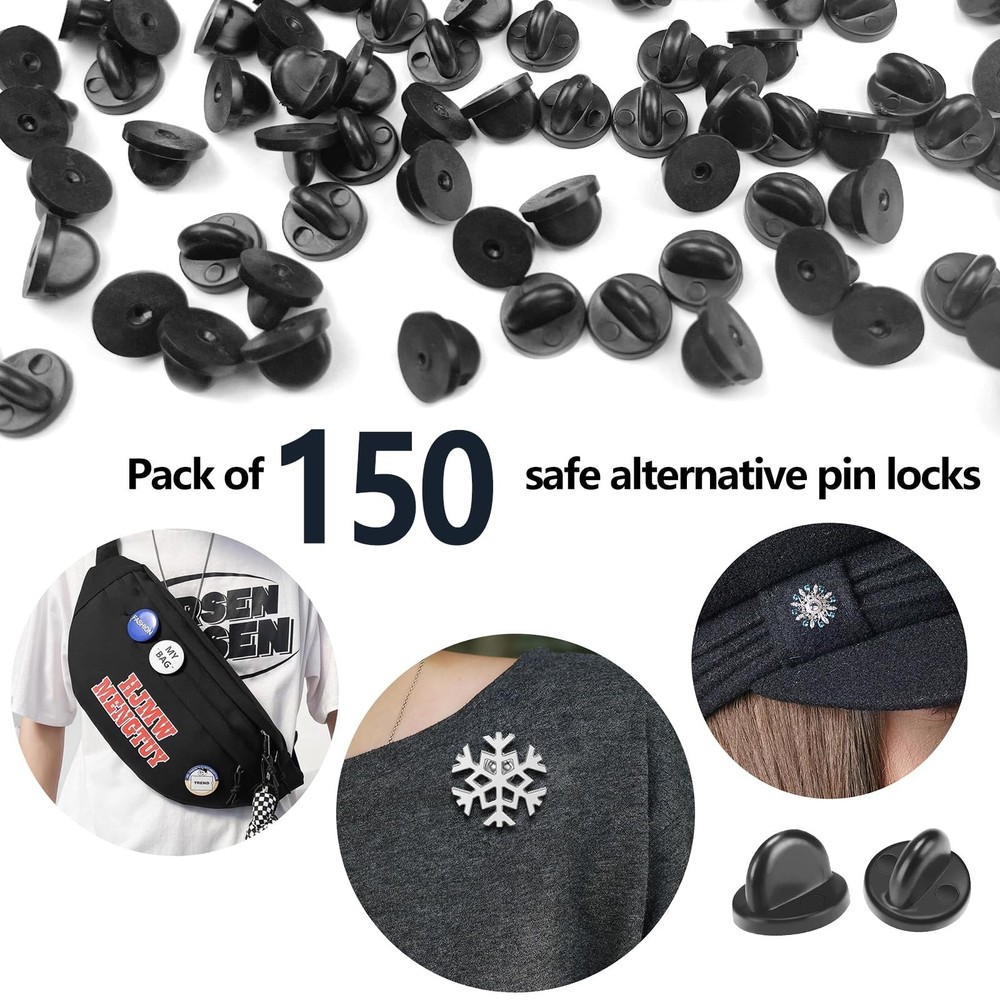 150Pcs Black Rubber Pin Backs Locking, Locking Pin Backs with Storage Case, P...