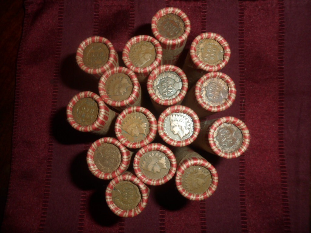 UNSEARCHED WHEAT CENT ROLL WITH INDIAN HEAD CENT ON END 1 bid = 1 roll