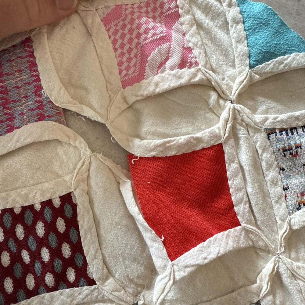 Vtg Cathedral Window Pattern Multicolored Quilt Handmade 80” X 49” Needs Work