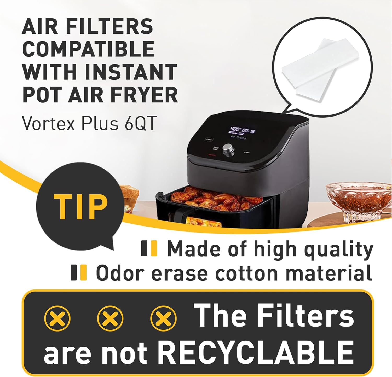 12 Pcs Air Fryer Replacement Filters for 6QT Instant Vortex plus Air Fryer with