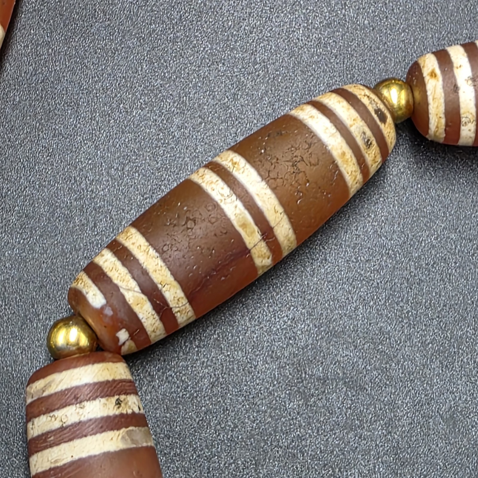 Antique Etched Carnelian Decorated Agate Beads Necklace.