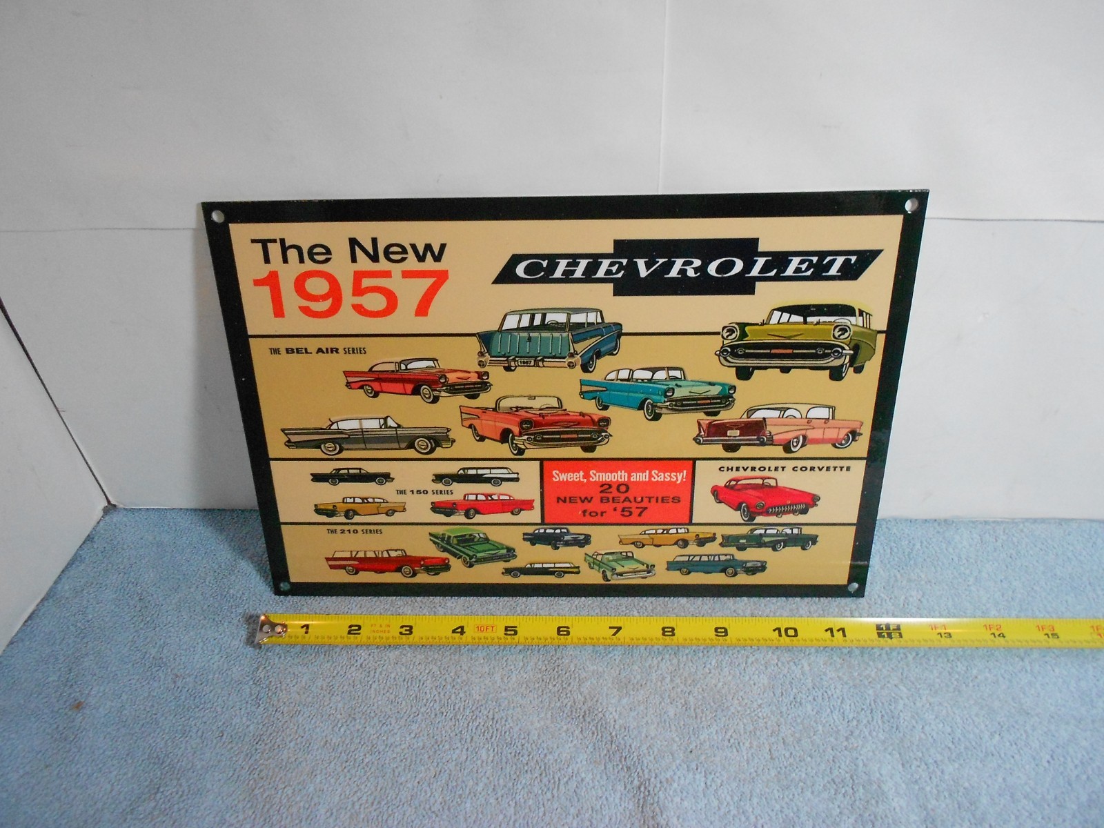 VINTAGE 12x8 in CHEVROLET NEW BEAUTIFUL 1957 CHEVY`S ADV SIGN HEAVY METAL -825 A