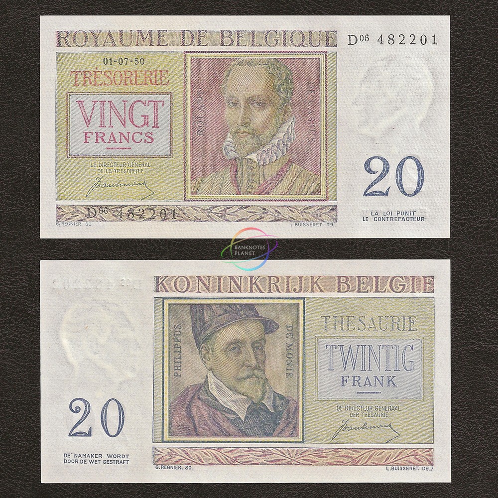 BELGIUM 20 Francs 1950 P-132a UNC Uncirculated